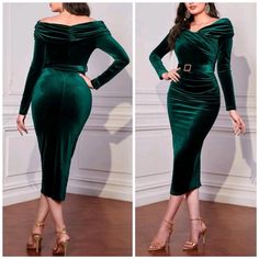 New Luxe Off Shoulder Velvet Belted Bodycon Dress * Long Sleeve * Ruched Wrap Look Off Shoulder Neckline * Detachable Belt * Fitted Stretch Midi Pencil Skirt *Approximate Unstretched Measurements* Xs (2) * Bust 30" (Up To 34") * Waist 24" * Hip 33.5" (Up To 35.75") * Length 44.5" Small (4) * Bust 31.5" (Up To 35.25") * Waist 25.5" * Hip 35"(Up To 37.25") * Length 45.25" Medium (6) * Bust 33" (Up To 37") * Waist 27.25" * Hip 36.5"(Up To 39") * Length 46" Large (8/10) * Bust 35.25" (Up To 39.25") Bodycon Dress Long Sleeve, Blue Lace Maxi Dress, Bodycon Dress Long, Midi Pencil Skirt, Denim Midi Dress, Fall Winter Dresses, Lavender Dresses, Black Sweater Dress, Linen Midi Dress