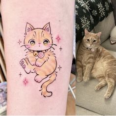 an orange cat sitting on top of a couch next to a tattoo