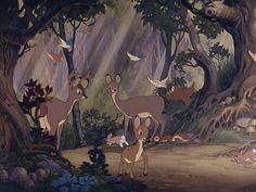 an animated scene with deers and birds in the woods