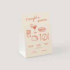 a card with an image of food and drinks on it that says tonight's menu