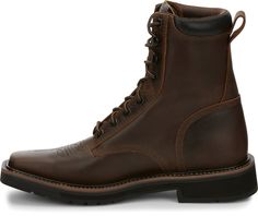 Long work days are a little easier to handle in the 8" tall Pulley Men's lace-up work boot. Its classic roper design features a rugged brown leather exterior that not only has a vintage feel, its built to last. The square toe provides a relaxed fit and the J-Flex Comfort System® adds cushion and support for a layer of comfort no matter how tough the job. Details Material: Cowhide Toe Shape: Square Heel: Walking/Block Outsole: Non-Leather Work Boots, Western Wear, Work Fashion, Brown Leather, Walking, Lace Up, Relaxed Fit, Boots, Lace