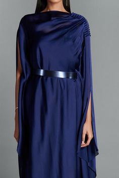 Shop for Amit Aggarwal Blue Crinkled Chiffon Draped Asymmetric Dress for Women Online at Aza Fashions Formal Draped Belted Dress, Formal Belted Draped Dresses, Amit Aggarwal, Asymmetric Dress, Ink Blue, Draped Dress, Blue Ink, Not For Sale, Asymmetrical Dress