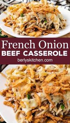 french onion beef casserole on a white plate