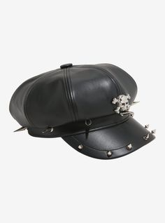 If looks could kill. Accessorize like a true baddie with this faux leather cabbie hat! Featuring a skull and crossbones embossed on the front  plus edgy spike stud detailing around the base and brim. If Looks Could Kill, Right Arrow Icon, Cybercore Aesthetic, Trucker Hat Black, Hat Aesthetic, Alt Clothes, Cabbie Hat, Leather Hat, Unique Hats