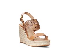 LAUREN Ralph Lauren Hazell Leather Espadrille - Women's Shoes : Buff/Buff : Elegance meets warm-weather effortlessness in the LAUREN Ralph Lauren Hazell Burnished Leather Espadrille wedges. Wedge heel sandals showcasing leather upper. PU lining with padded footbed ensures cushioned comfort. Two-tone braided detailing on the ankle and the heel strap. Open round toe silhouette. Buckle closure. Jute and rubber outsole. Imported. Measurements: Heel height: 3.75 in Weight of footwear is based on a si Leather Wedge Sandals For Summer, Leather Wedge Sandals With Woven Sole For Vacation, Elegant Leather Wedge Sandals For Spring, Spring Leather Wedge Sandals With Removable Insole, Spring Leather Wedge Heel Sandals, Spring Leather Sandals With Wedge Heel, Leather Wedge Heel Sandals For Spring, Leather Spring Wedge Sandals, Leather Wedge Sandals With Cushioned Footbed For Spring