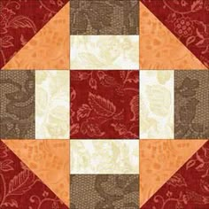 an orange and brown quilted patchwork pattern with leaves on the center, which is in two different colors