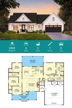 two story house plans with garage and living room on the first floor, along with an attached