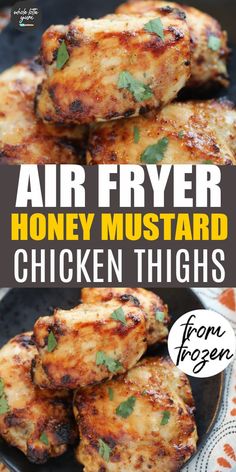 air fryer honey mustard chicken thighs on a plate with text overlay that reads, air fryer honey mustard chicken thighs