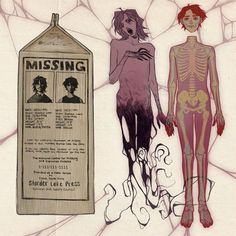 two people standing next to each other in front of a missing sign with skeleton images on it