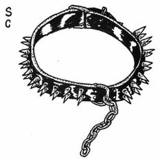 a black and white drawing of a bracelet with spikes on the end, which is attached to a chain