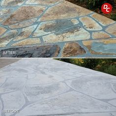 before and after photos of a stone patio