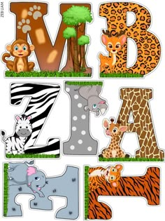 the letter m is for zebra, giraffe, elephant and tiger letters are all in different colors