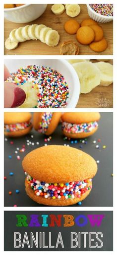 rainbow cookies, bananas, and sprinkles are featured in this collage