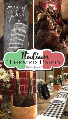 a collage of photos with the words italian themed party written in chalk on it