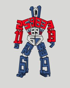 an image of a robot that is made out of legos and has red, white, and blue letters on it