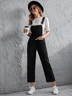 Black Casual Collar Sleeveless Corduroy Plain Overall Embellished Slight Stretch Fall/Winter Women Clothing Pinafore Jumpsuit, Dungaree Outfit, Overall Outfit, Overalls Outfit, Corduroy Overalls, Black Overalls, Jumpsuit Outfit, Cropped Jumpsuit, Cute Outfits For School