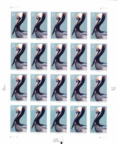 the postage stamp shows an image of a pelican with long beaks on it