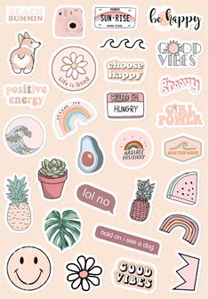 various stickers on a pink background