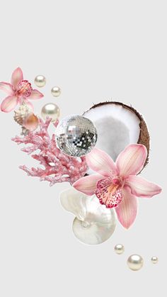 pink flowers and pearls on a white background