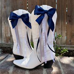 Dallas Cowboy Boot Bows With Snap Faux Leather Strap Be Ready For Game Day Bows On Cowboy Boots, Cowboy Boots With Ribbon, Diy Cowgirl Boots, Blue Cowboy Boots Outfit, Nike Air Max 290, Dallas Cowboys Boots, Dallas Cowboys Game Day, Cowgirl Barbie, Cowgirls Boots