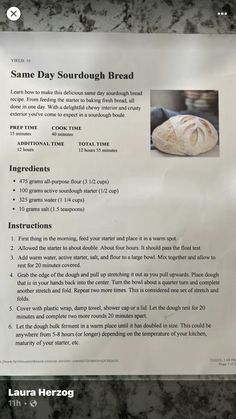 a recipe for sourdough bread is shown on the counter top, with instructions to make it