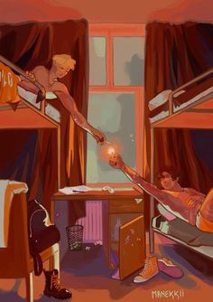 a painting of two people in bunk beds one is holding a light bulb and the other is laying down