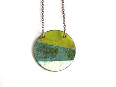 Enamel and Patina Circle Necklace Unique Green Patina Necklaces, Green Patina Pendant Jewelry, Green Pendant Jewelry With Patina, Unique Patina Round Pendant Necklace, Green Enamel Necklace With Large Pendant, Circle Necklace, Royal Oak, Enamel Jewelry, Turquoise Necklace