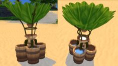 two different views of a tree in a potted planter on the beach, one with leaves and another with water