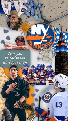 collage of sports related images including an orange and white hockey jersey, with the new york rangers on it