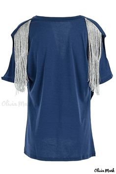 Olivia Mark - Contemporary Light Blue V-Neck T-Shirt featuring Urban Print and Elegant Tassel Patchwork Blue V-neck Tops With Tassels, Blue V-neck Top With Tassels, Casual V-neck Top With Fringe, Casual Short Sleeve Tops With Tassels, Blue Fringe Tops For Summer, Pink Street, Red Street, Faux Leather Midi Skirt, Straight Clothes