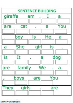 sentence building worksheet for kids with green letters and pictures on the front page