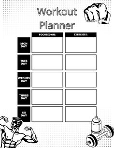 the workout planner is shown in black and white, with an image of a man doing exercises