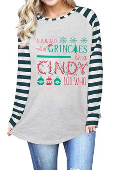 PRICES MAY VARY. Material: Be A Cindy Lou Who shirt for women is made of 60% Polyester, 35% Rayon, 5% Spandex. Features: Cute Christmas graphic tee, Christmas lights graphic print t-shirt, Xmas costume, Long raglan sleeve shirt for women. Matching Tips: For a Christmas party, Christmas tees for women will be a good choice for you. Perfect with any pants, jeans, or boots. You can track it in or tie it up in a knot. Gift Idea: The Christmas vacation shirt is suitable for any occasion, such as Chri Cindy Lou Who Shirt, Cindy Lou Who Costume, Christmas Party Tops, Raglan Sleeve Shirt, Personalized Christmas Shirts, Grinch Shirt, Christmas Vacation Shirts, Raglan Sleeve Shirts, Grinch Shirts