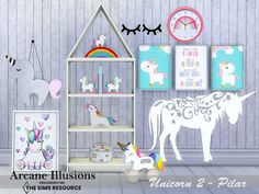 the unicorns are standing next to the bookshelf and other items in the room