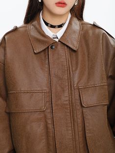 Size(cm) Length Shoulder Bust Sleeve M 69 60 128 57 L 70 62 132 58 XL 71 64 136 59 Size: M L XL Color classification: brown Year Season: Winter 2022 Sleeve length: long sleeve shirt length: Medium Material composition: other materials Casual Winter Leather Jacket With Buttons, Casual Leather Jacket With Buttons For Winter, Oversized Classic Leather Jacket With Pockets, Brown Collared Outerwear With Buttons, Brown Collared Outerwear With Button Closure, Brown Single Breasted Streetwear Outerwear, Oversized Collared Leather Jacket For Winter, Casual Winter Leather Jacket With Buttoned Pockets, Casual Leather Jacket With Buttoned Pockets For Winter