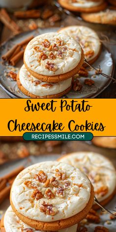 sweet potato cheesecake cookies with cream cheese frosting and pecans