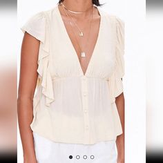 Boho Style Top. Flowy Sleeves And Plunge Necklace. Embroidered Neckline. New With Tags, Never Worn. V Top, Comfortable Blouses, Boho Style Tops, Cream Blouse, Flowy Sleeves, Top Forever 21, Embroidered Neckline, Forever21 Tops, Woven Top