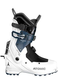 the atomic ski boot is white and black with blue accents on the soles, which are attached to the side of the boot