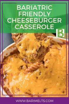 a spoon full of cheeseburger casserole with text overlay