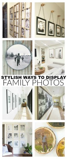 many pictures are hanging on the wall in this collage with words that read, stylish ways to display family photos