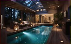 an indoor swimming pool in the middle of a living room with lots of windows and furniture