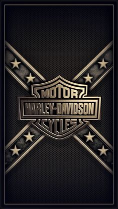 the harley davidson logo is shown in gold and black on a dark background with stars