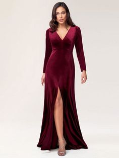 Burgundy Evening Dress Sheath Long Sleeve V-Neck Velour Social Party Dresses Burgundy Evening Dress, Chiffon Summer Dress, Pink Party Dresses, 1920s Flapper Dress, Red Dress Women, Cocktail Wedding, 1920s Dress, Red Lace Dress, Backless Mini Dress