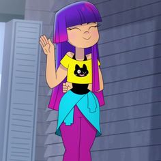 a cartoon girl with purple hair wearing a yellow t - shirt and blue pants standing in front of a building