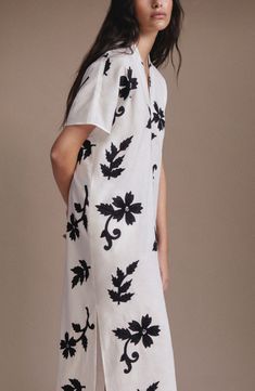 A bold floral print with embroidered beaded detail enhances the casual-chic look of this V-neck dress cut from a lightweight blend of cotton and linen. V-neck Short sleeves 85% cotton, 15% linen Machine wash, line dry Imported V-neck Linen Dress With Floral Print, Chic Embroidered Linen Dress, Chic Linen Dresses With Embroidery, Fitted Linen Dress With Floral Embroidery For Summer, Elegant Linen Dress With Floral Print, Elegant Floral Linen Dress, Linen V-neck Dress With Floral Embroidery, Elegant Summer Linen Dress With Floral Embroidery, Floral Embroidery Linen V-neck Dress