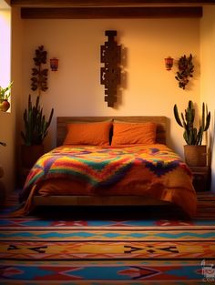 a bed sitting in a bedroom next to two potted plants