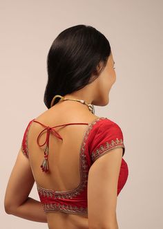 Zardosi Border, Kalki Fashion, Padded Blouse, Sari Blouse, Red Blouse, Red Blouses, Raw Silk, Blouse Styles, Round Neckline