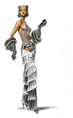 a drawing of a woman in a silver dress