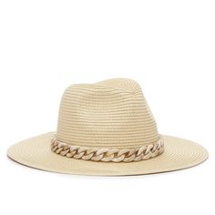 Kelly & Katie-Chain Link Panama Hat Shield the sun in style! The Chain Link Panama hat from Kelly & Katie features a structured silhouette, complete with an interlocking resin detail for an edgy touch. Chic Gold Summer Hat, Gold Flat Brim Panama Hat For Summer, Adjustable Gold Fedora For Summer, Gold Panama Hat With Flat Brim For Summer, Gold Flat Brim Hat Bands For Summer, Gold Hat Bands With Flat Brim For Summer, Adjustable Gold Panama Hat For Summer, Gold Fedora With Curved Brim For Summer, Gold Summer Fedora With Curved Brim