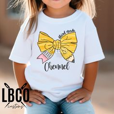 Pencil Bow Personalized Name Back to School Tee, Third Grade Kid T-Shirt, School T-Shirt >>PROCESSING TIME IS CURRENTLY 3-5 BUSINESS DAYS FROM DATE OF PURCHASE. >>Shipping is an additional 5-7 business days. >>Due to Covid-19, there may be shipping delays. >>This item is a soft t-shirt. You can feel the design on the shirt. All designs will be placed on a white tshirt.  >>Washing Instructions - Machine wash cold and hang to dry or lay flat. >>This item was created in a smoke free and pet friendly environment. >> Colors may vary slightly due to different monitor settings. >>Returns are not accepted on personalized items unless a mistake was made on my end. Thank you for shopping handmade with me! Puff Vinyl, Back To School Shirts, School Tees, School Shirts, Third Grade, Washing Instructions, Handmade Shop, White Tshirt, Lay Flat